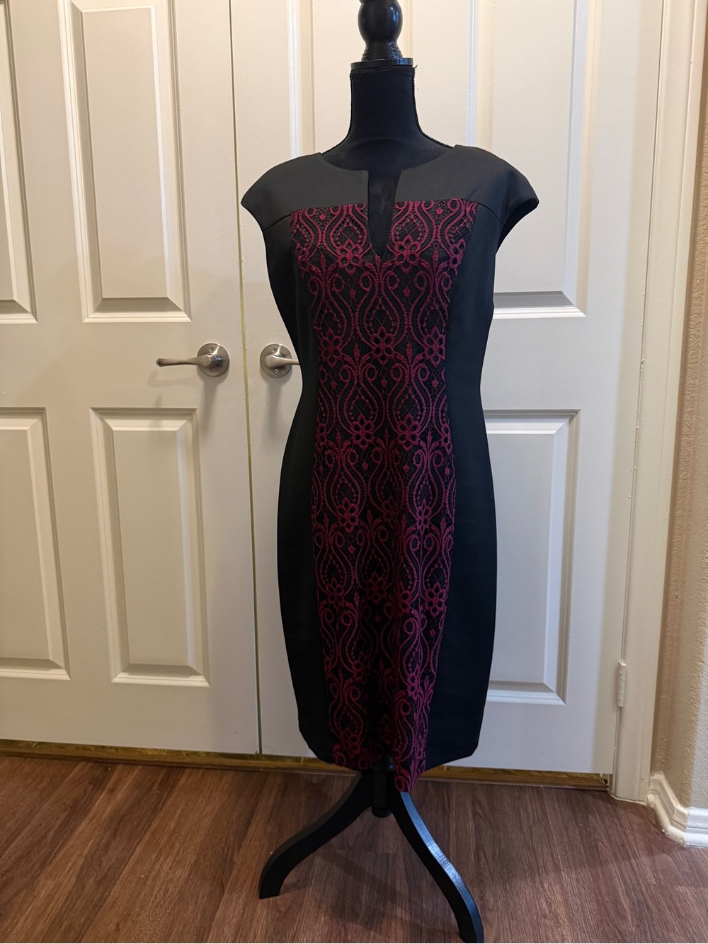 connected apparel Black Midi Dress with Burgundy Lace Panel
